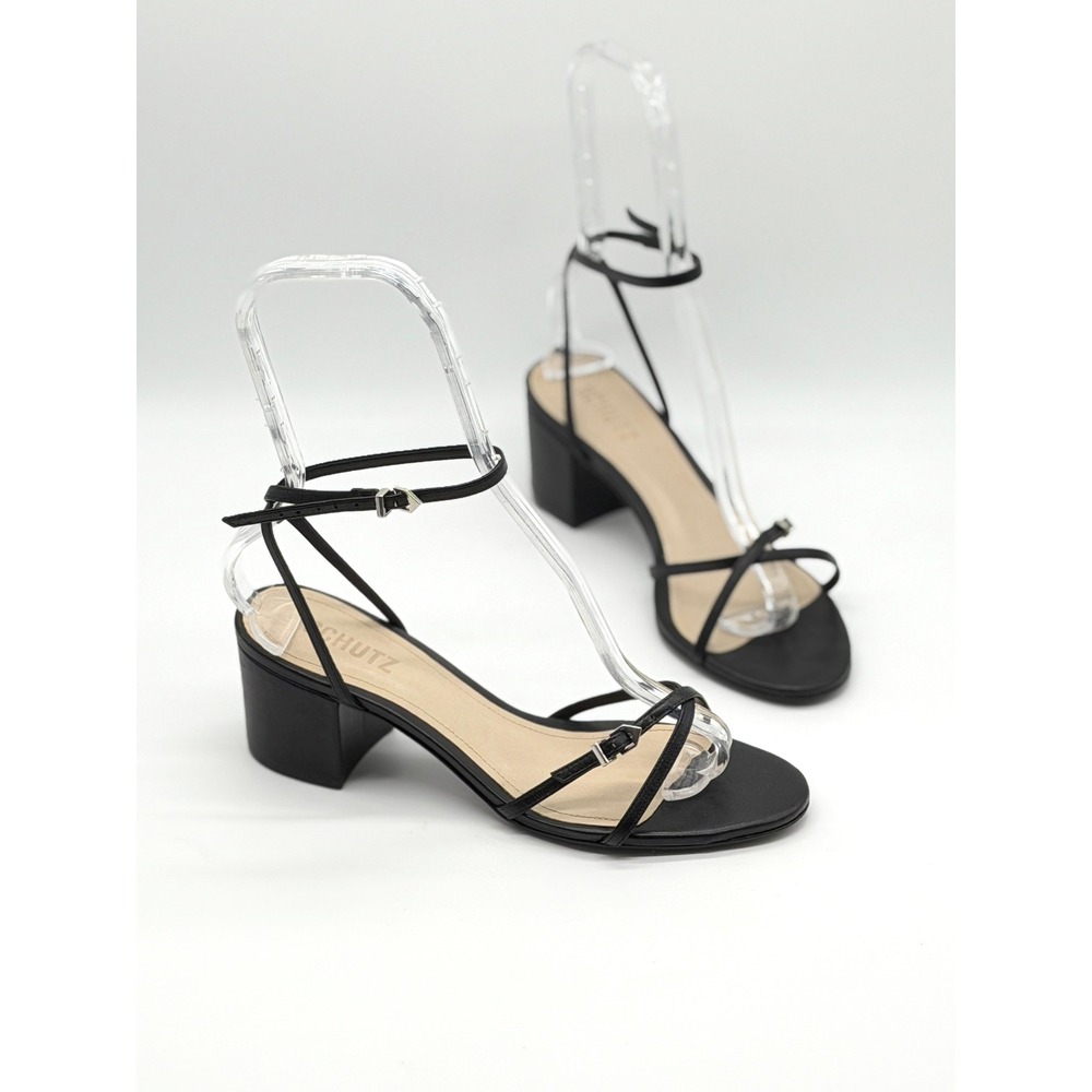 Schutz Liliana Sandals Women 8.5 Black Leather Strappy Block Heel Buckle